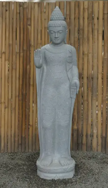 Product image 1 of the product “Standing Indian Buddha, floral pattern on the cape - gesture of fearlessness, in the sizes from 120cm to 180cm, Natural finish ”